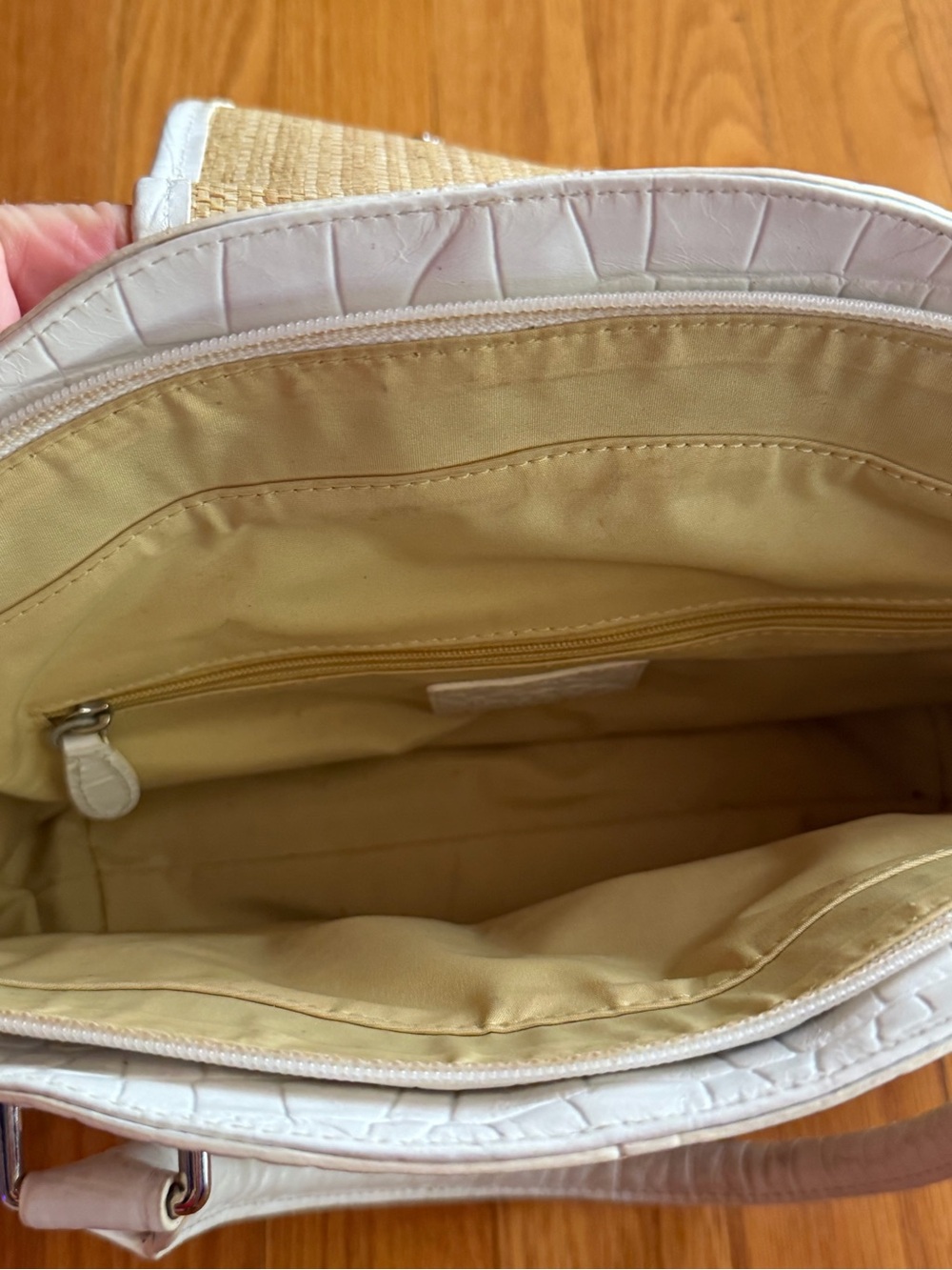 Cole Haan White Croc-Embossed Trim Straw Tote with Silver Buckle - Picture 6 of 13